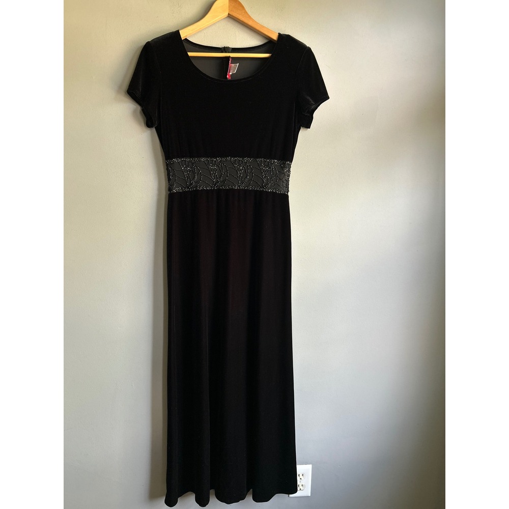 J.R. Nites by Caliendo Black Velvet Beaded Mesh Waist Maxi Dress Womens 10